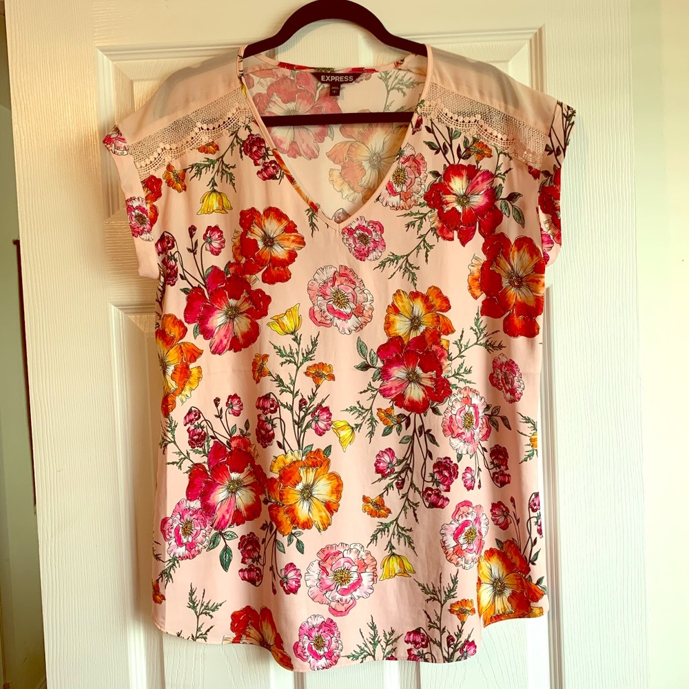 Express Pink Floral Cap Sleeve Blouse, Size L